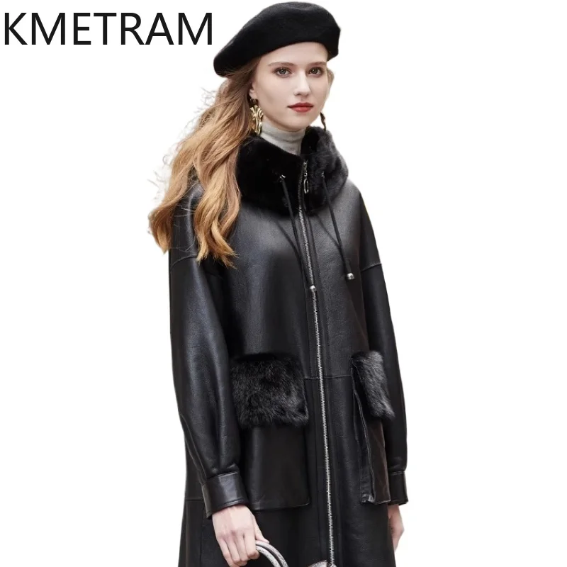 

KMETRAM Natural Sheepskin with Wool Atttached Fur Coat Mink Fur Collar Hooded Clothes for Woman Long 2025 Winter Outerwears шуба
