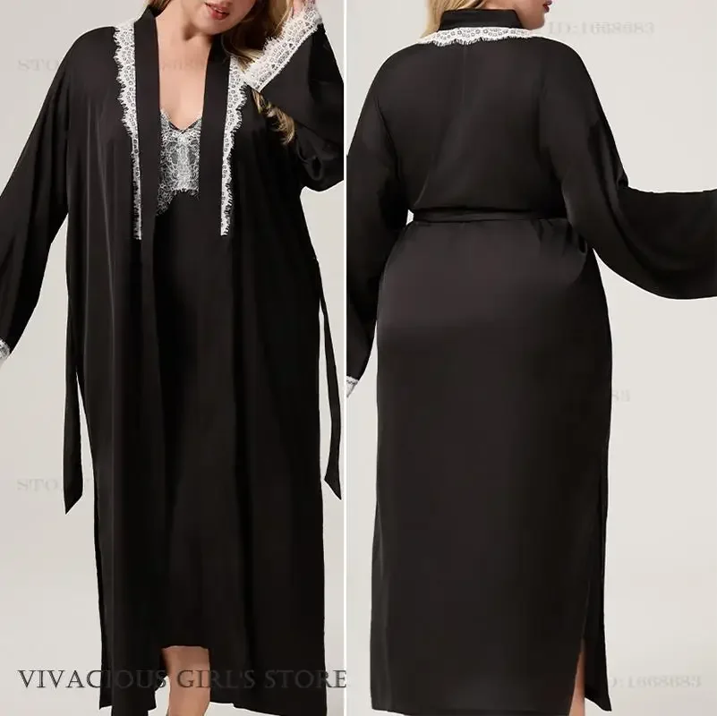 

Plus Size 3XL 4XL 5XL Women Long Robe Nightgown Set Sexy Patchwork Lace Lingerie Nightgown Home Dress Loose Ice Silk Lounge Wear