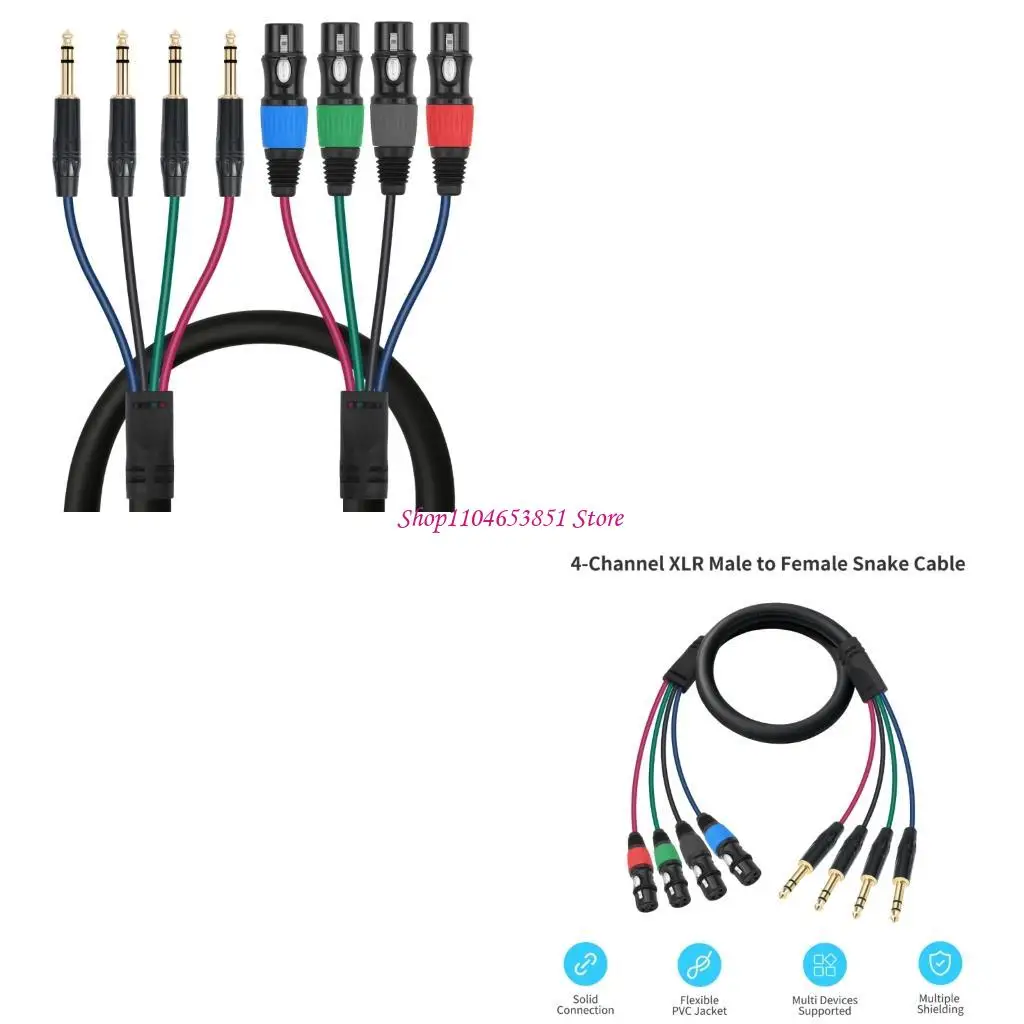 4-Way XLR Female to 6.35MM Male Phone Plugs Snake Cable with Latching Ends and Distinct Channel Markers for Studio Routing