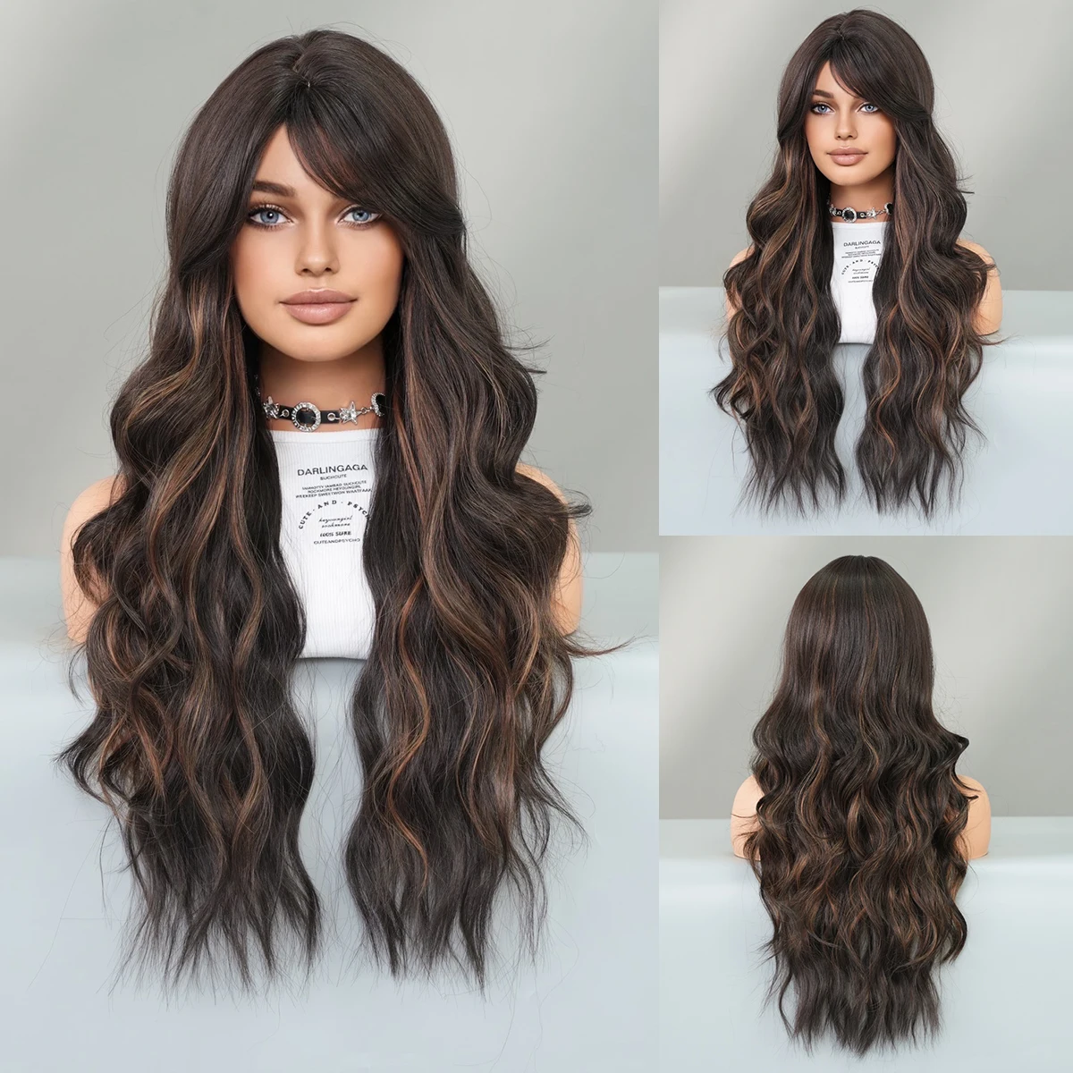 PARK YUN Synthetic Long Loose Wavy Black Wig for Women Daily Party Looking Hair Highlight Blonde Wigs with Bangs 28Inch