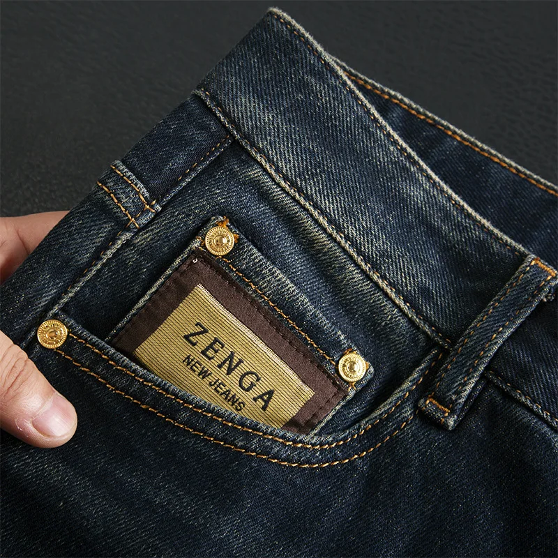 High end retro washed denim jeans for men's autumn and winter casual slim fit elastic small straight leg fashionable pants