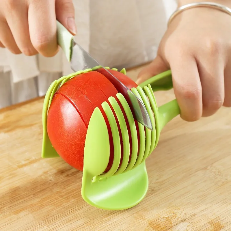 

New Tomato Slicer Fruits Cutter Stand Utensilios De Cozinha Assistant Lounged Tomato Lemon Shreadders Slicer Green ABS