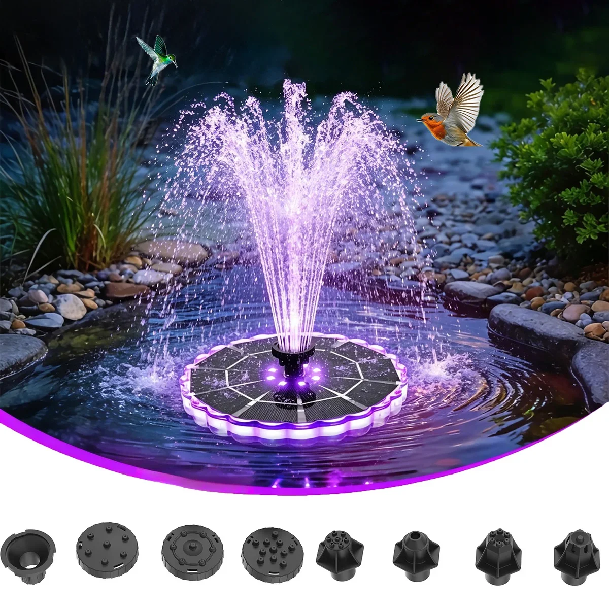 

Солнечный плавающий фонтан с RGB LED-подсветкой, солнечный водный фонтан с несколькими насадками для купальни для птиц, садового пруда, улицы