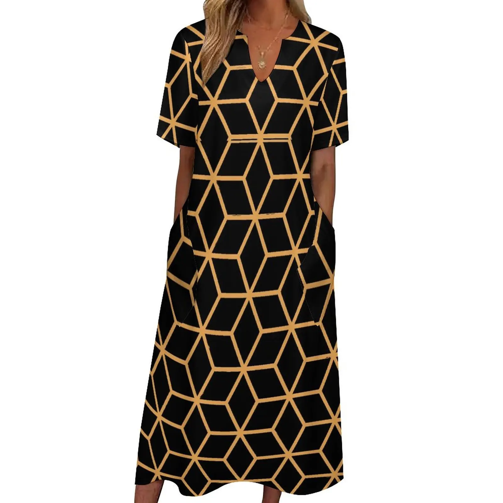 Vintage Geometric Dress Summer Black Gold Abstract Street Wear Boho Beach Long Dresses Women Graphic Elegant Maxi Dress Big Size