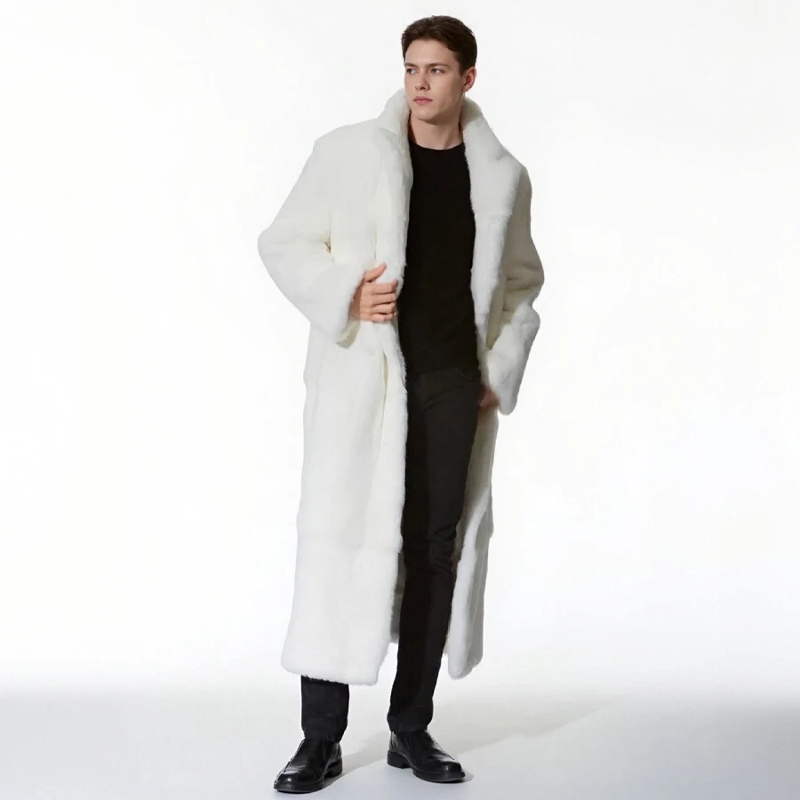 White Rex Rabbit Fur Coat With Collar Extra Long Winter Full Skin Fur Jacket Real Fur Jackets Best Seller Natural Fur Coat Man