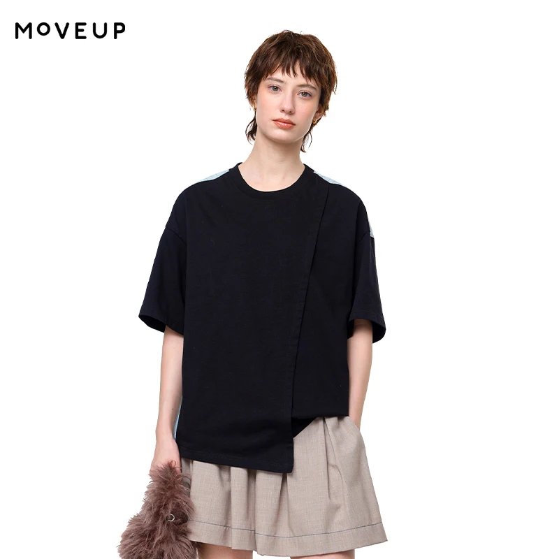 MOVEUP Short Sleeves Round Neck T-Shirt 2026 Summer New Diagonal Split Splicing Striped Pleated Casual Top For Women 3EWX10553