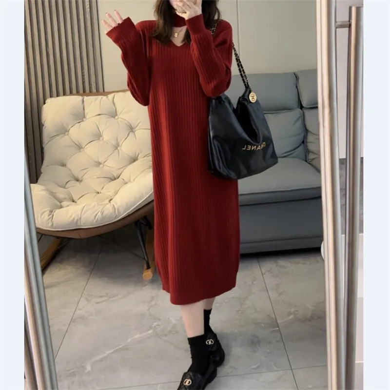 Outono inverno feminino solto sobre o joelho vestido de malha camada comprimento médio camisola vestidos longos