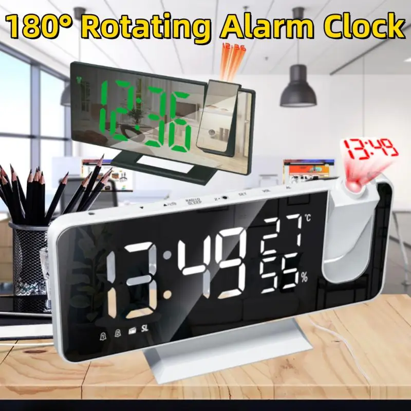 Desktop Digital Alarm Clock Screen Projection Clock FM Radio Temp Humidity With 180° Projection Digital Clock Часы Настольные