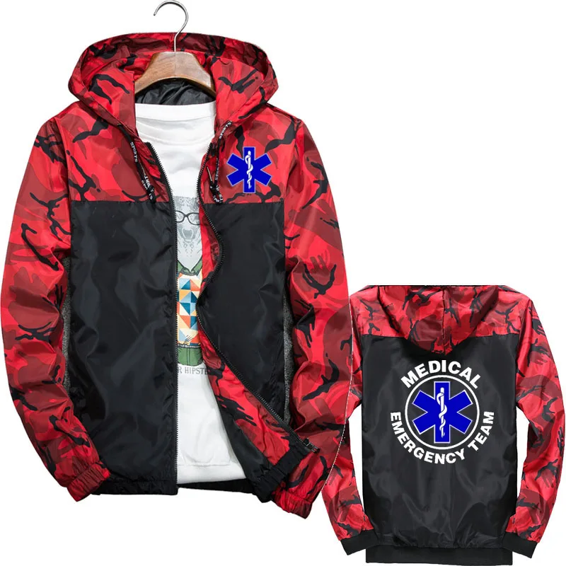 Outdoor Men's Jacket Emt emergency ambulance print Windproof Military tactical camouflage fashion men's hooded jacket