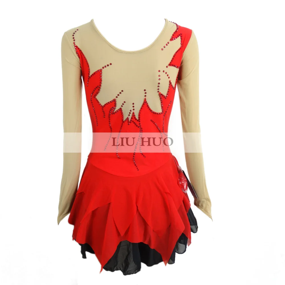 LIUHUO Women Girls Performance Ballet Competition Leotard Ice Figure Skating Dress Dance Costume Skirt Red Teens Round Neck Kids