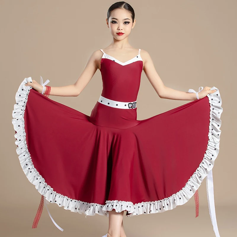 Red Latin Dance Competition Dresses Girls Waltz Ballroom Dance Performance Costumes Kids Performance Dancing Suits XS7655