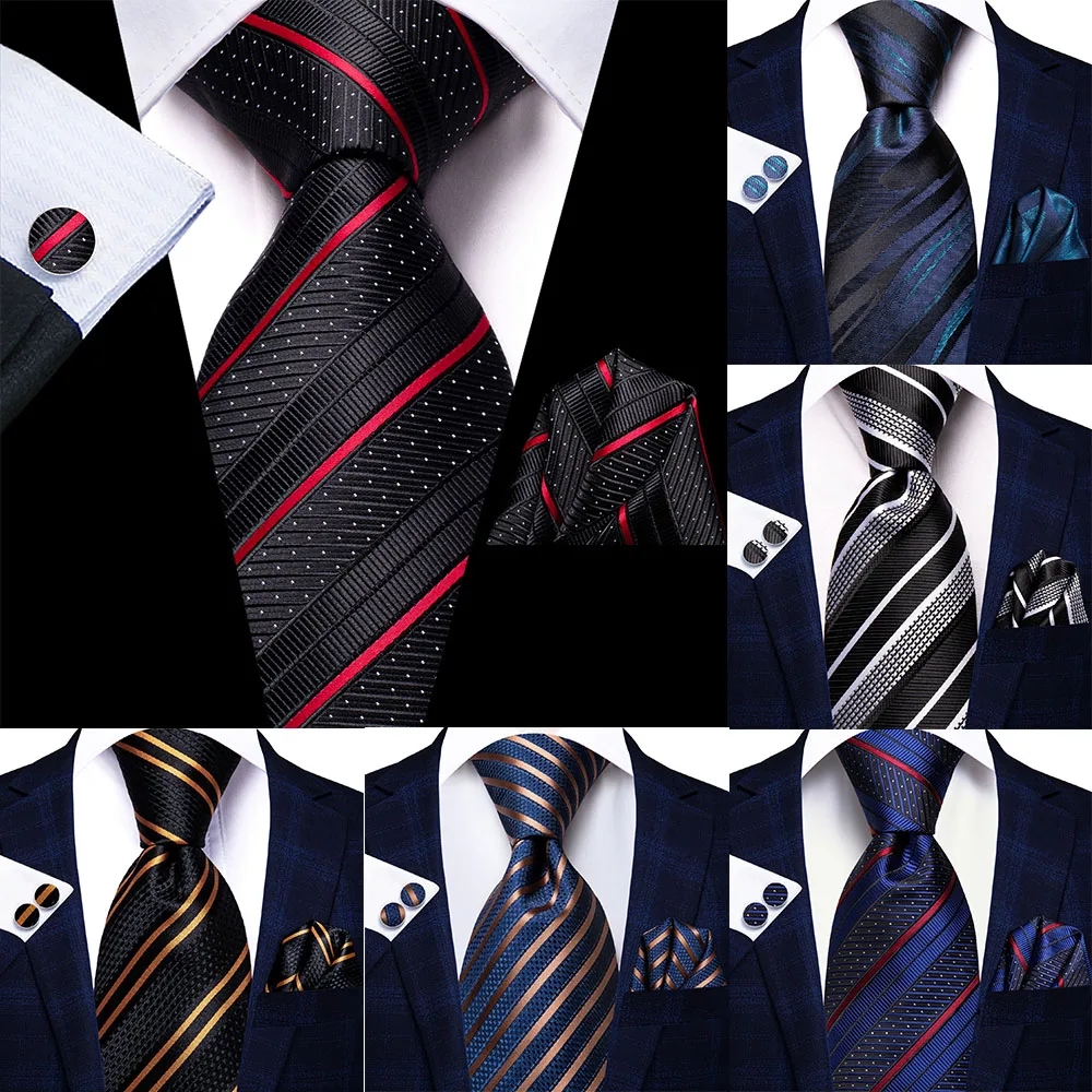 

Hi-Tie Designer Black Red Striped Blue Silk Wedding Tie For Men Handky Cufflink Gift Men Necktie Fashion Business Party Dropship