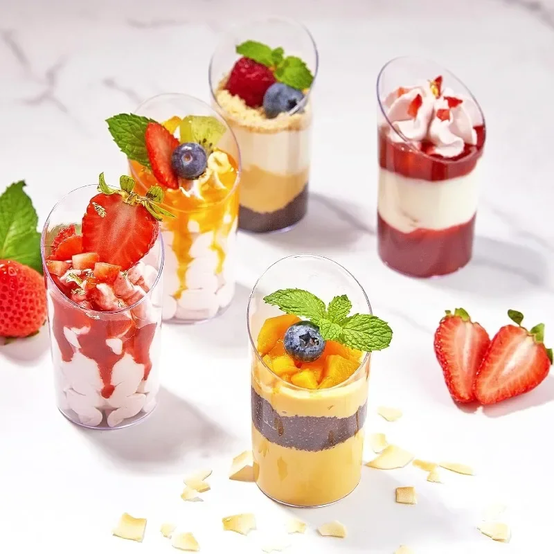 Disposable Dessert Cups Round Slanted Mouth Plastic Yogurt Mousse Cake Birthday Party Appetizer Kitchen Tableware Accessories