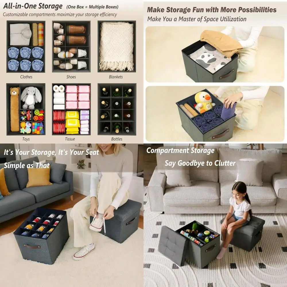 

2-Piece Foldable Storage Ottoman with Adjustable Dividers - Shoe Organizer and Multi-Purpose Storage Box for Shoes, Clothes, Toy