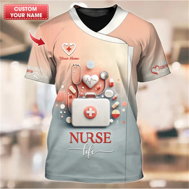 

Nurse Uniform T-shirt For Women Custom Name Cosplay Tee Fashion 3D Print Pattern O-neck Short Sleeve Harajuku Fashion Pullover