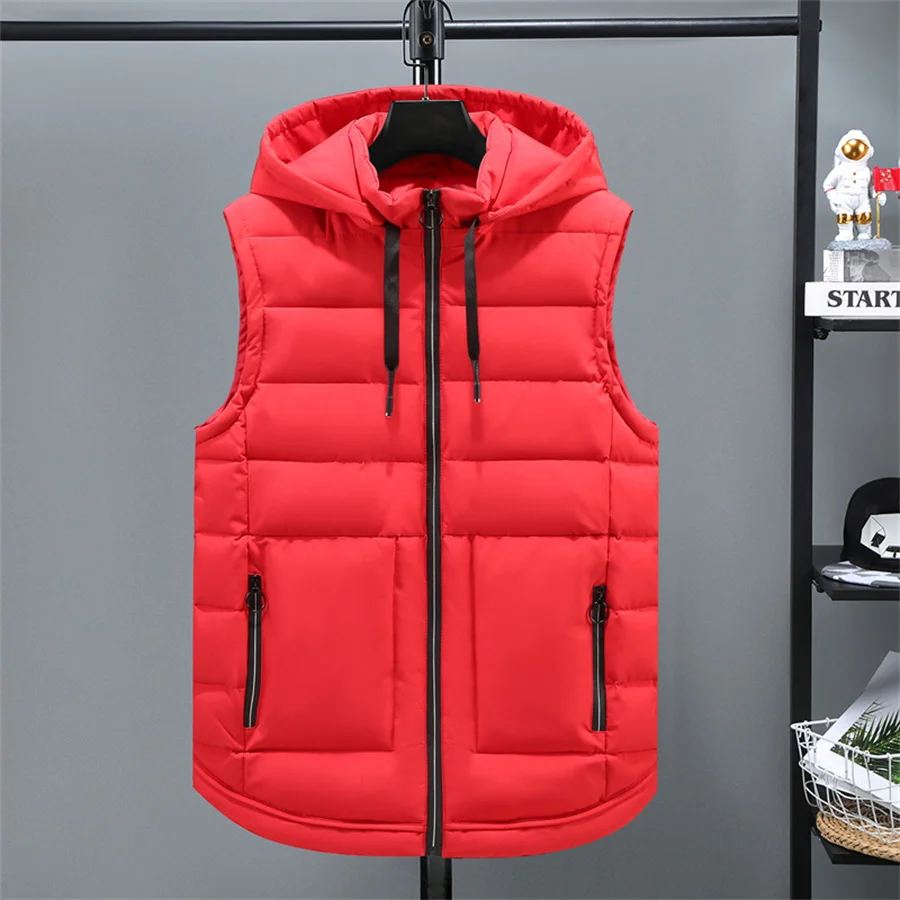 

Fashion Red Men's Winter Warm Vest Hooded Thick Sleeveless Jacket Cotton Padded Waistcoat Men Stand Collar Coat Casual Outerwear