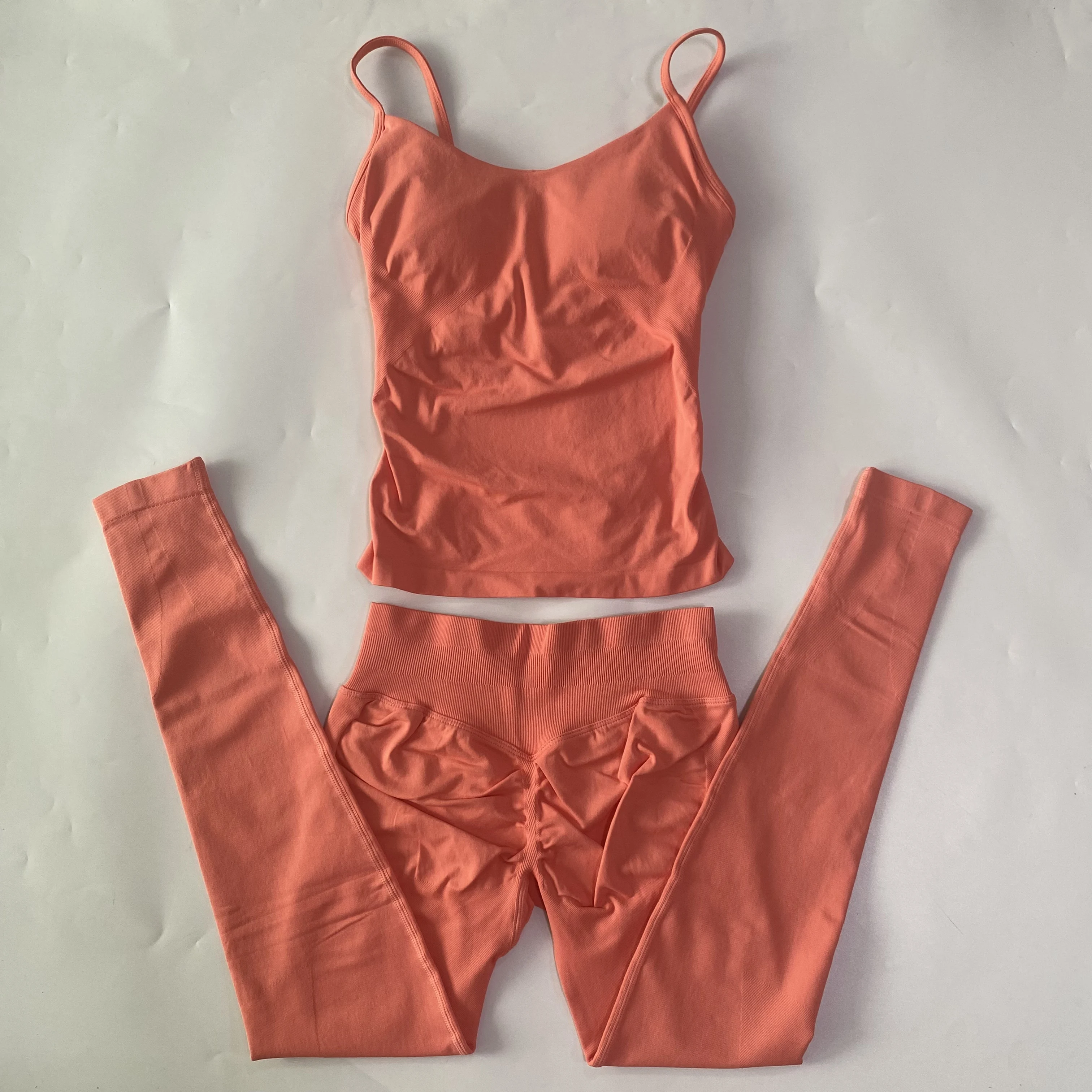 2-teiliges Fitness-Set, Oberteil mit Rundhalsausschnitt, nahtloses Yoga-Set, Fitness-Leggings-Set, Damen-Workout-Set, Sportbekleidung, Fitnesskleidung, Trainingsanzug – Detail 12