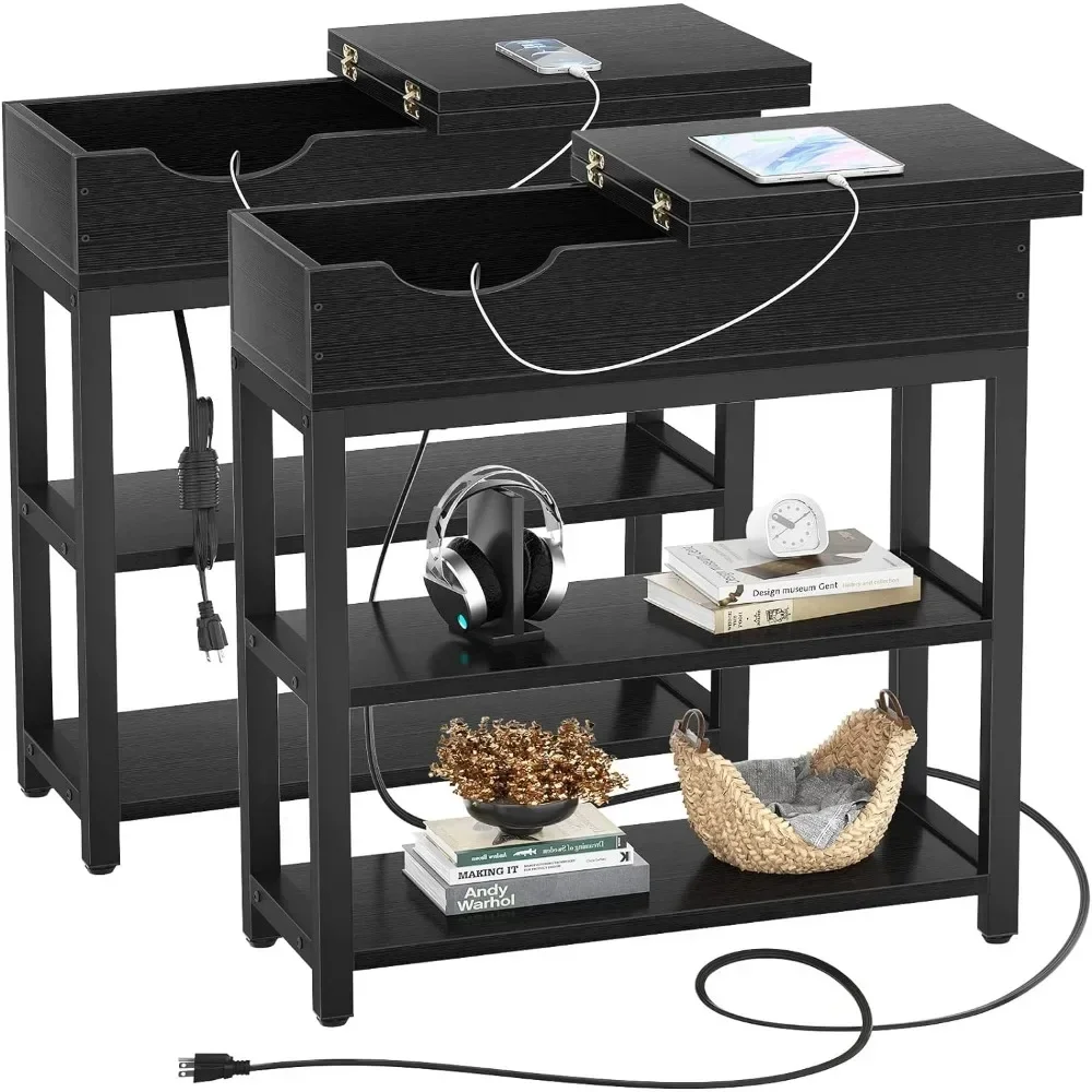 End Table for Living Room 1 Pack Sofa Table Narrow Flip Top With USB Ports &Outlets Black 11D X 23.6W X 24.5H in Bedside Tables