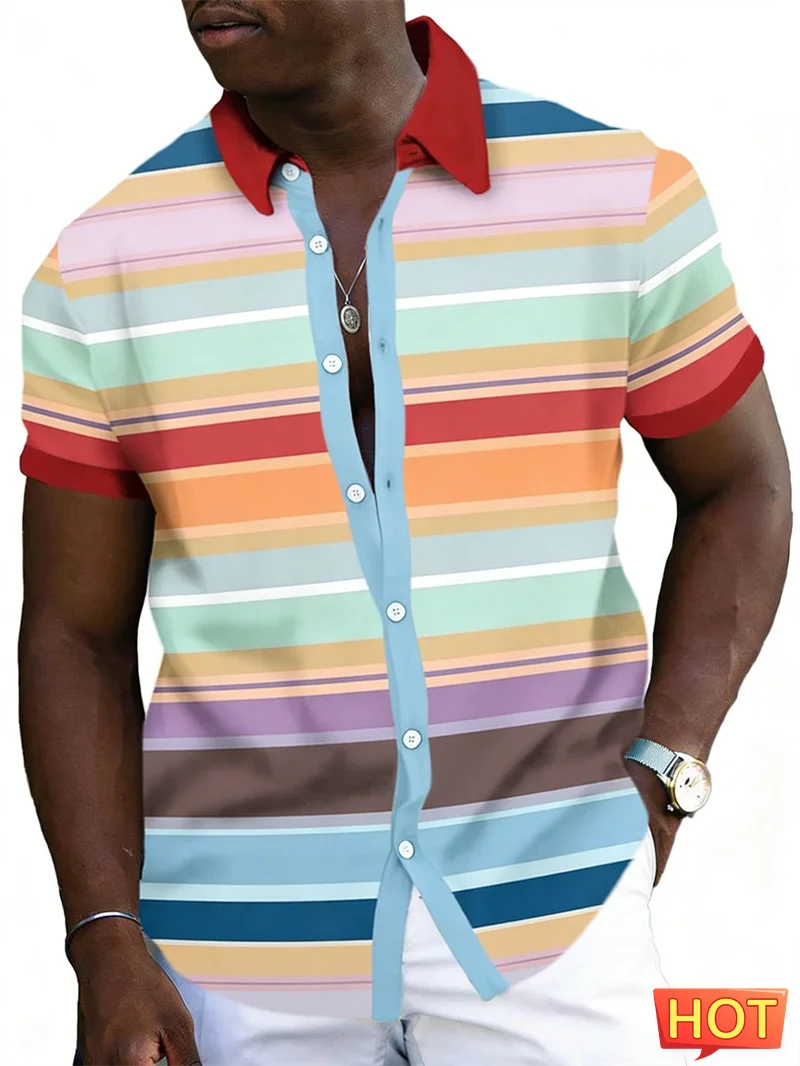 

2026 New Striped Hawaiian Shirts For Men Simple Fashion Daily Wear Vacation 3D Printed Lapel Button Shirt Loose Breathable Tops