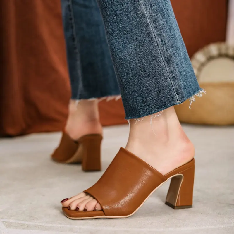 

QPLYXCO 2021 Summer Open Toe Brown Creamy White Women Sandals High Quality Block High Heels Woman Mules Slides Size 34-43