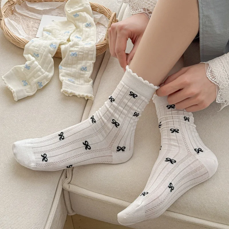 4 Pairs Women's Ballet Style Bow Mesh Mid Calf Socks Wavy Edge Soft Lightweight Breathable for Summer Casual Daily Office Socks
