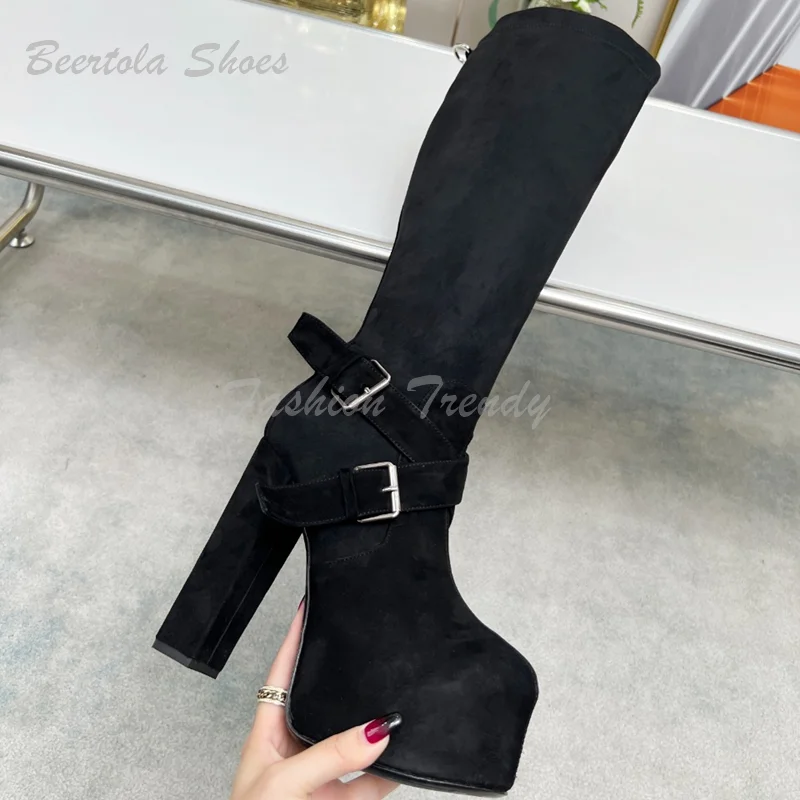 Dark Brown Leather Platform Chunky Heel Knee Boots Women Stretch Suede Black Buckle Fashion Thigh Boots Round Casual Winter Shoe