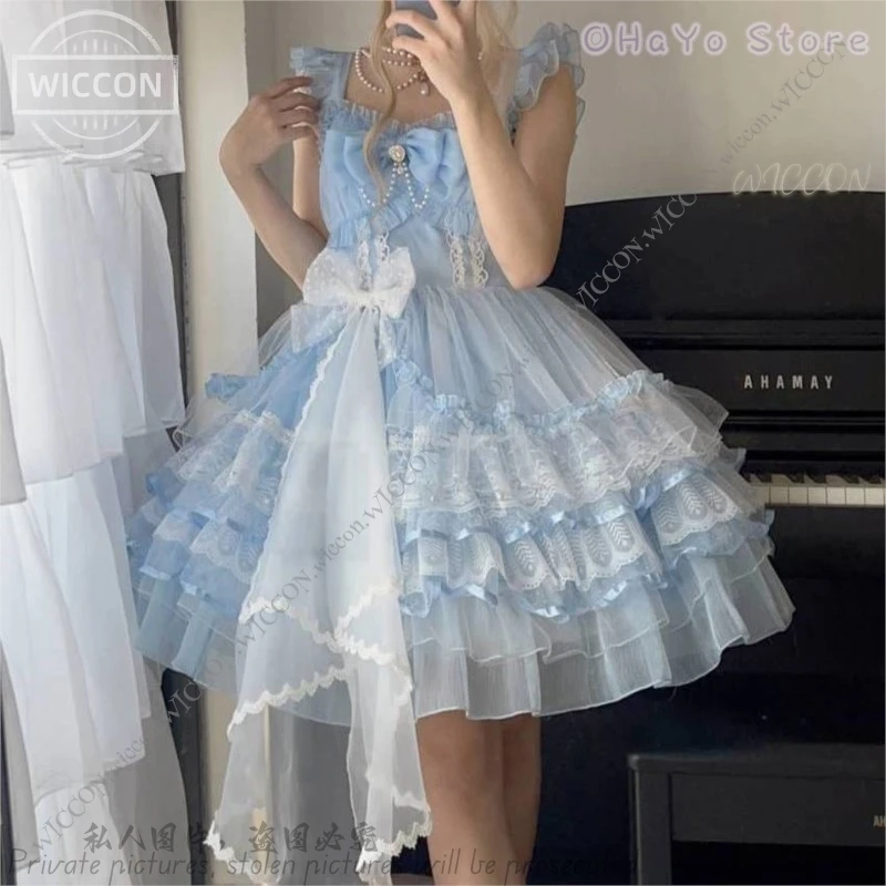 Vestido Lolita com design original para mulheres, vestido JSK Halter, cosplay traseiro com véu, roupa para adultos, fantasia diária, disfarce kawaii, Halloween