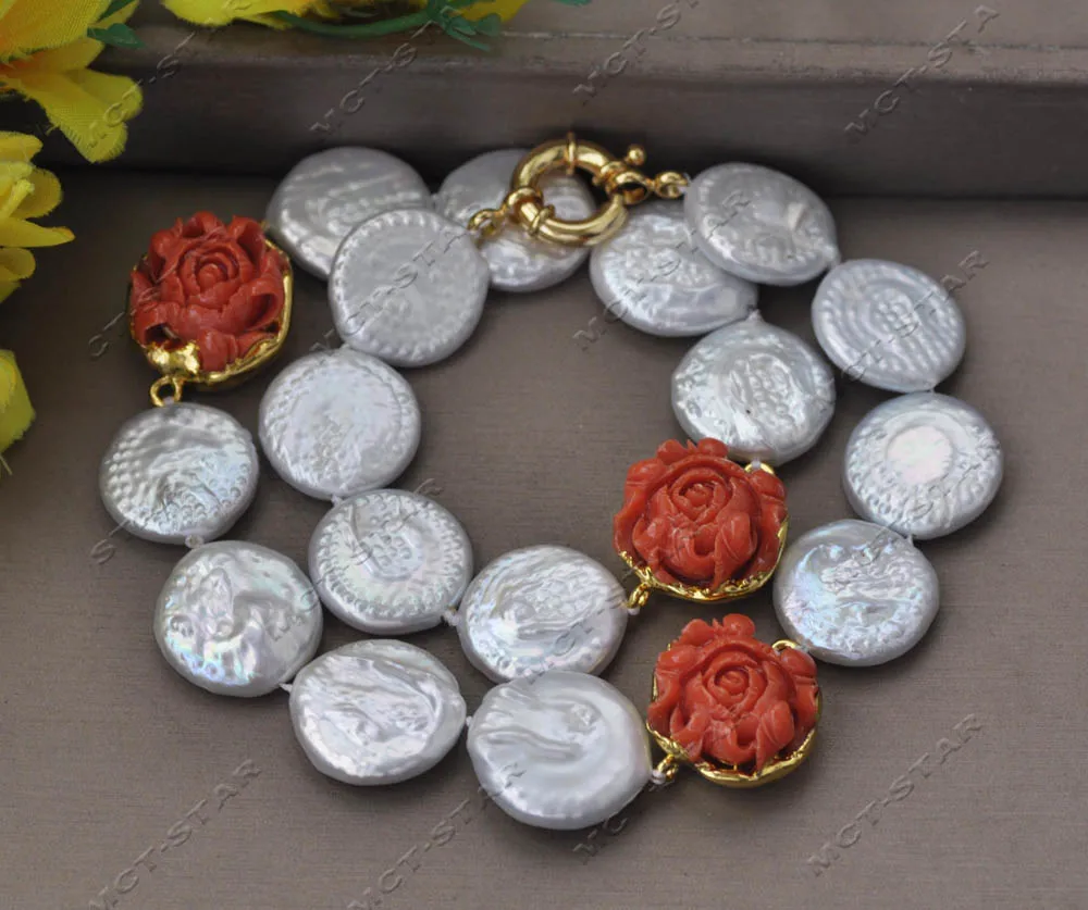 Z13584 Set 18" 20mm White Coin Freshwater Pearl Pink Resin Flower Necklace Earring Custom Jewelry view 4