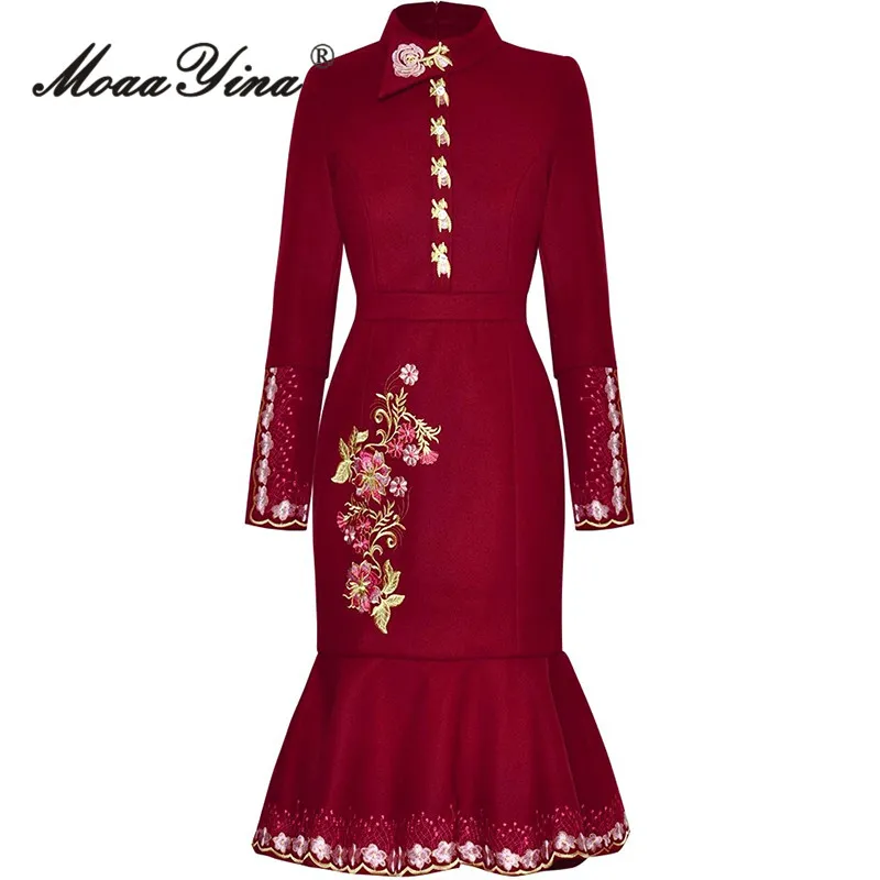 

MoaaYina Autumn and Winter Women's Dress Long Sleeve Stand Collar Vintage Embroidery Design Slim Party Mermaid Dresses