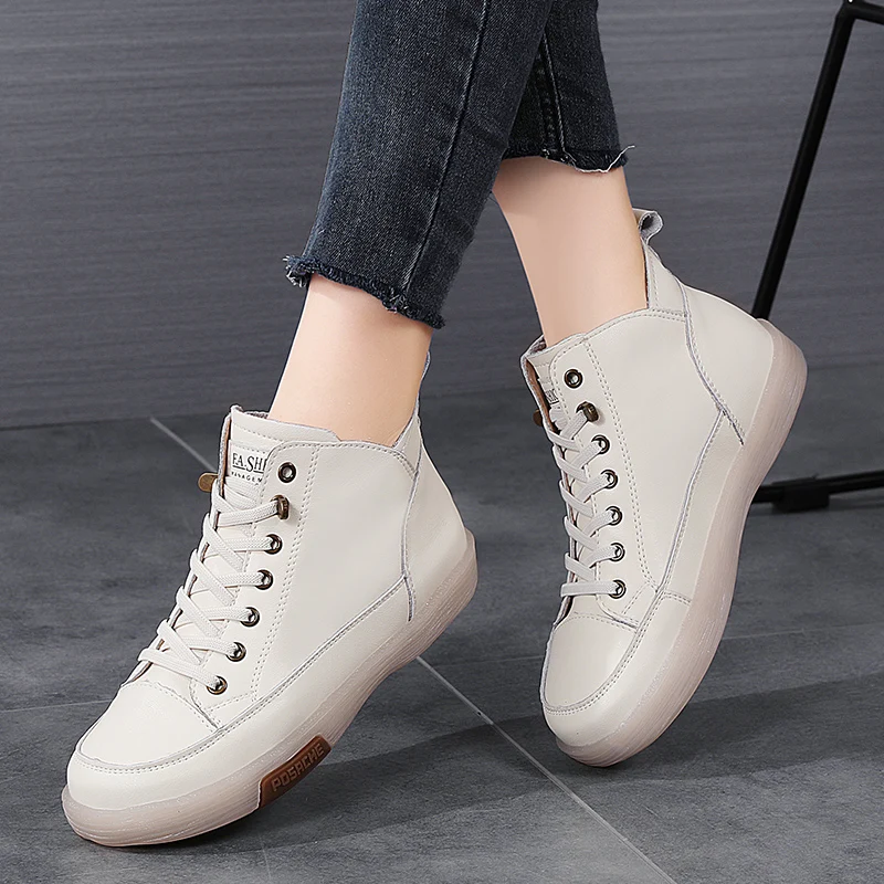 Women Genuine Leather Sneakers Spring High-top Casual Shoes Autumn First Layer Cowhide Ladies High Top Vulcanized Shoes Trainers