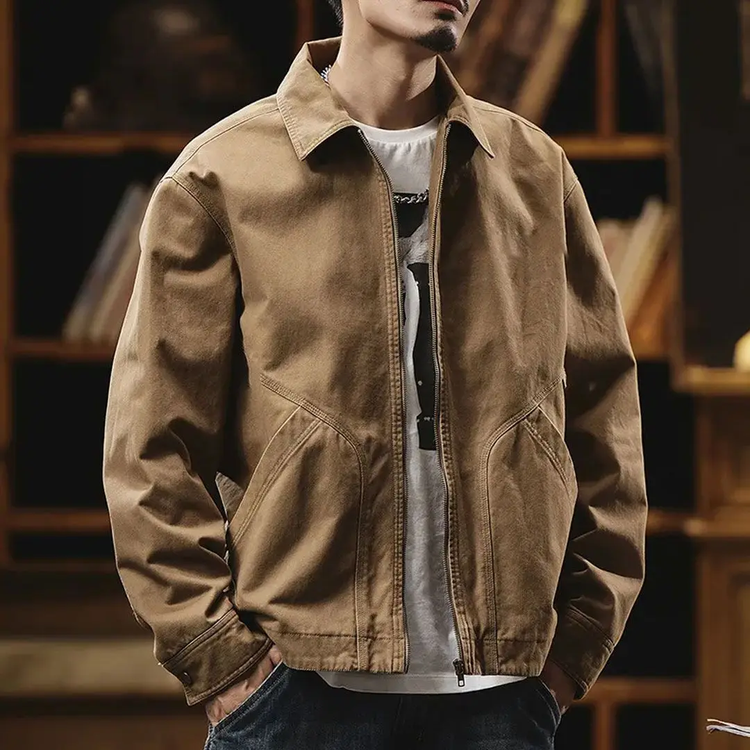 Men's American Vintage Workwear Jacket Spring Autumn Loose Zip-up Casual Shirt Jacket Durable Streetwear Coat Outerwear