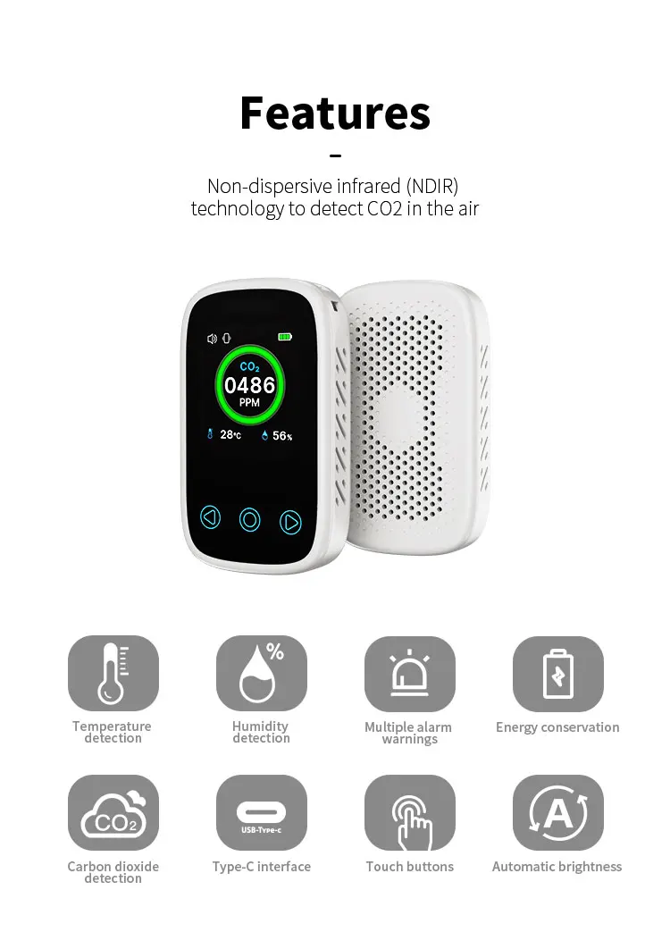 Air Quality Monitor CO2 Meter 3 in 1 Portable Temperature Humidity Meter Type-C Charging LCD Screen NDIR Sensor 일산화탄소 경보기 누수탐지기 view 6