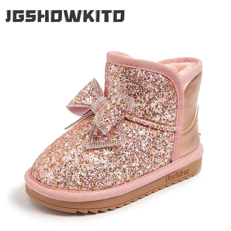 Girls Snow Boots Rhinestone Sequins Kids Fashion Winter Boots Princess Child Winter Cotton Plush Glitter Boots with Bow Classic