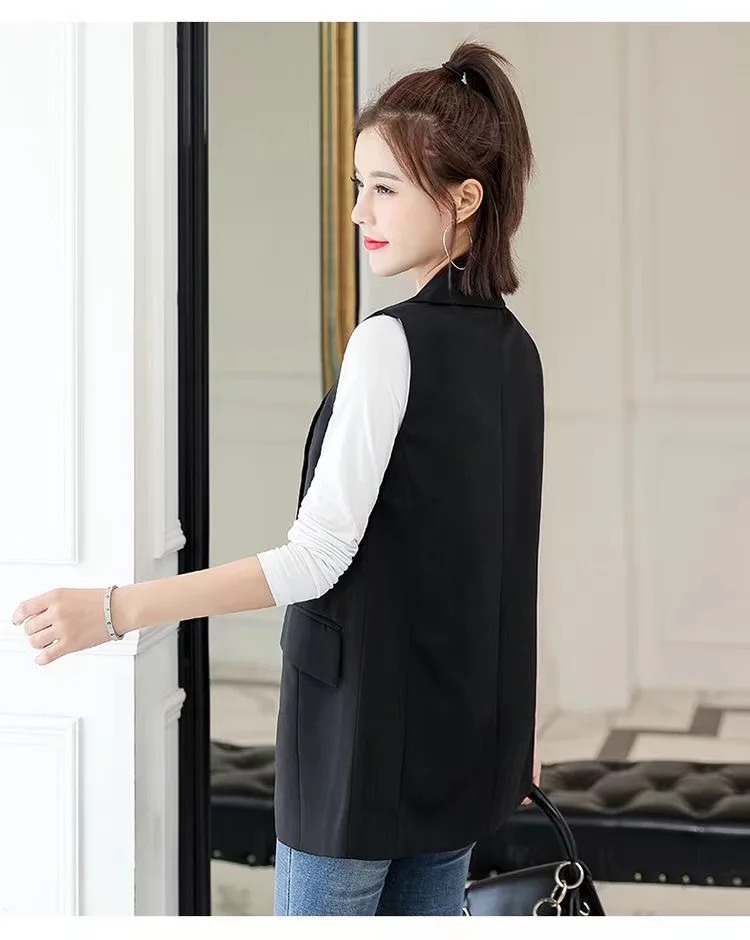 Office Lady Long Casual Vest Women Classic Loose Black Pocket Waistcoat Woman Elegant Slim Sleeveless Outerwear Chic