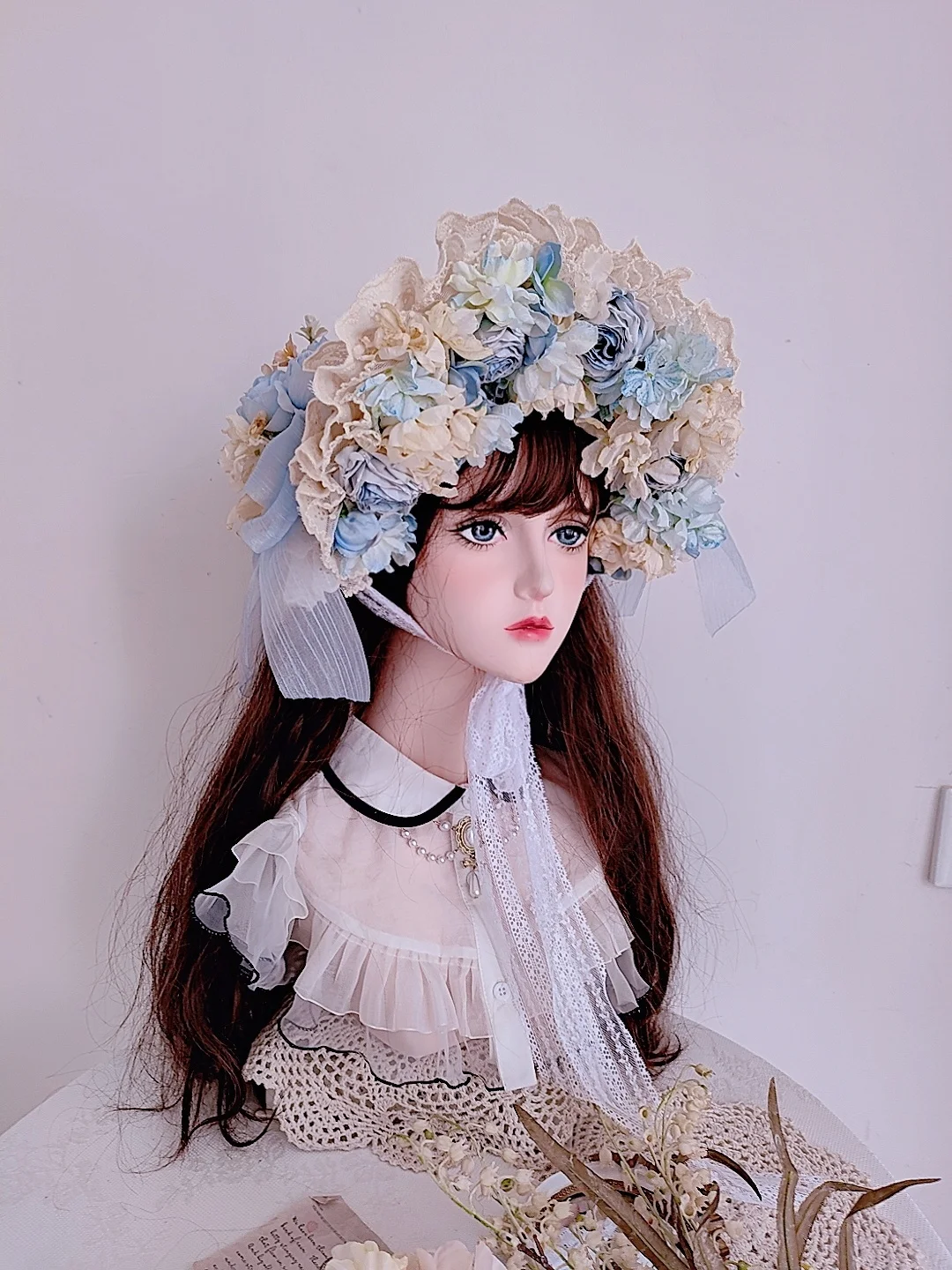 

Handmade Light Blue Rose Straw Hat Flat Lolita Gorgeous Elegant Tea Party Pastoral French Style Ponette Headdress