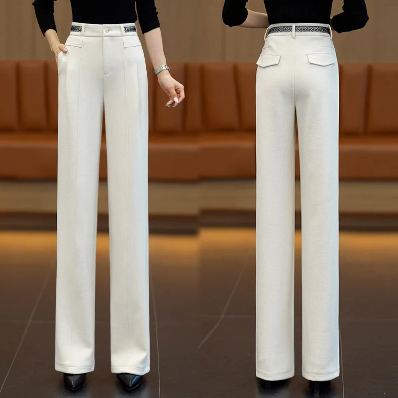 Pantaloni eleganti da donna a gamba larga stretta, nuovi pantaloni casual drappeggiati a vita alta autunnali e invernali