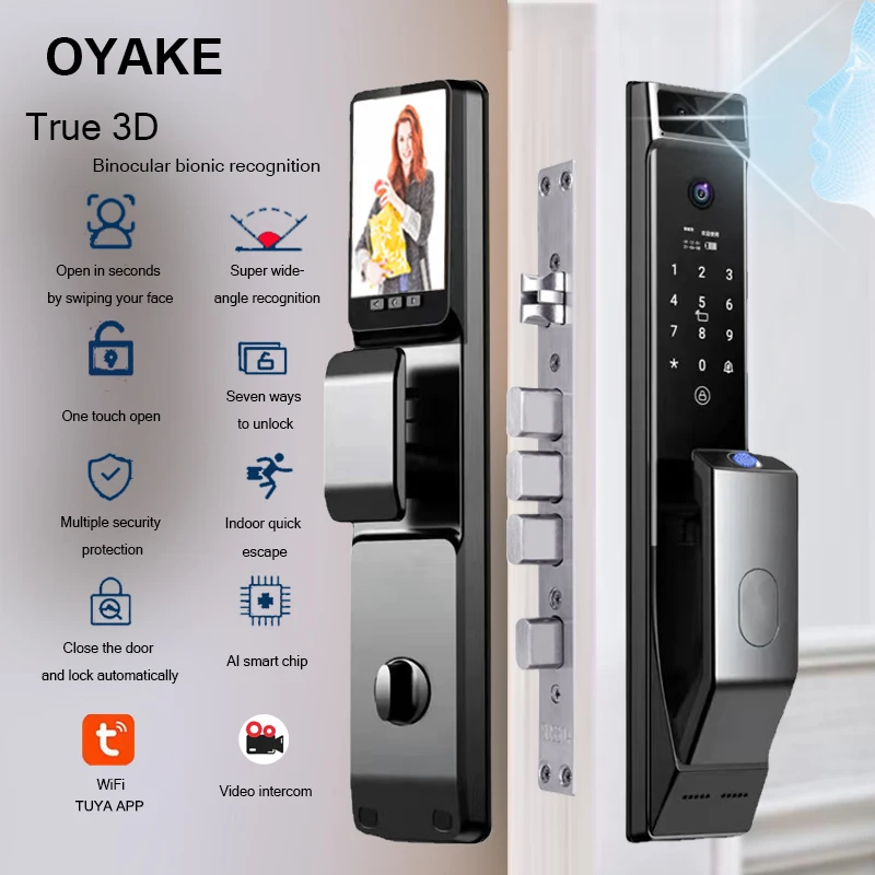 

Tuya APP 3D face recognition smart door lock with camera fingerprint password digital electronic lock Remote unlocking