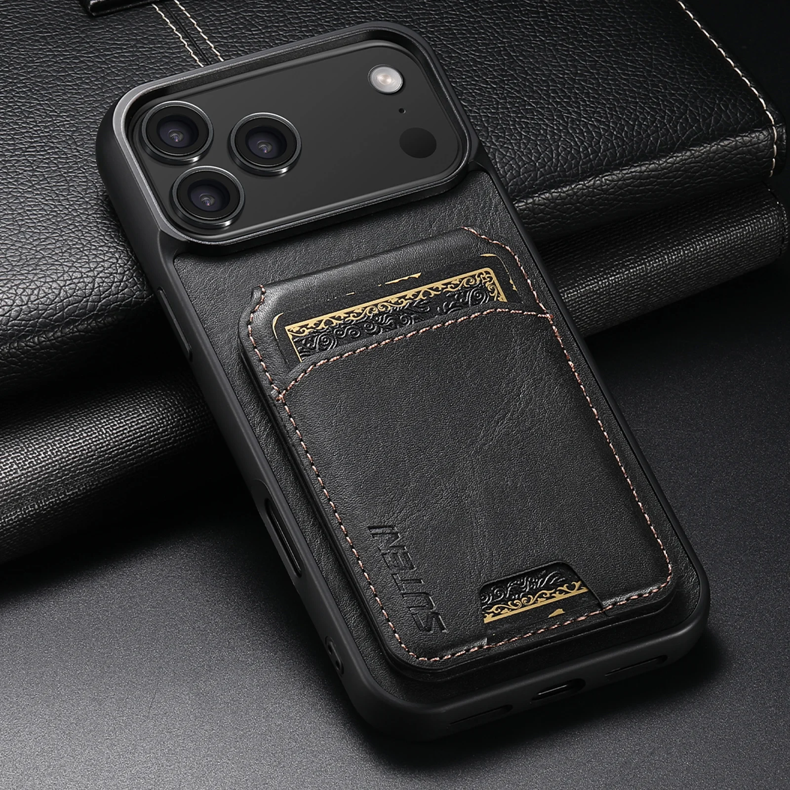 SUTENI Luxus Kunstleder Handyhülle mit glatter Oberfläche, Kartenhalter und Ständer für iPhone 17 Pro Max 17 Air 16 Plus 15 14 13 12 – Detail 2