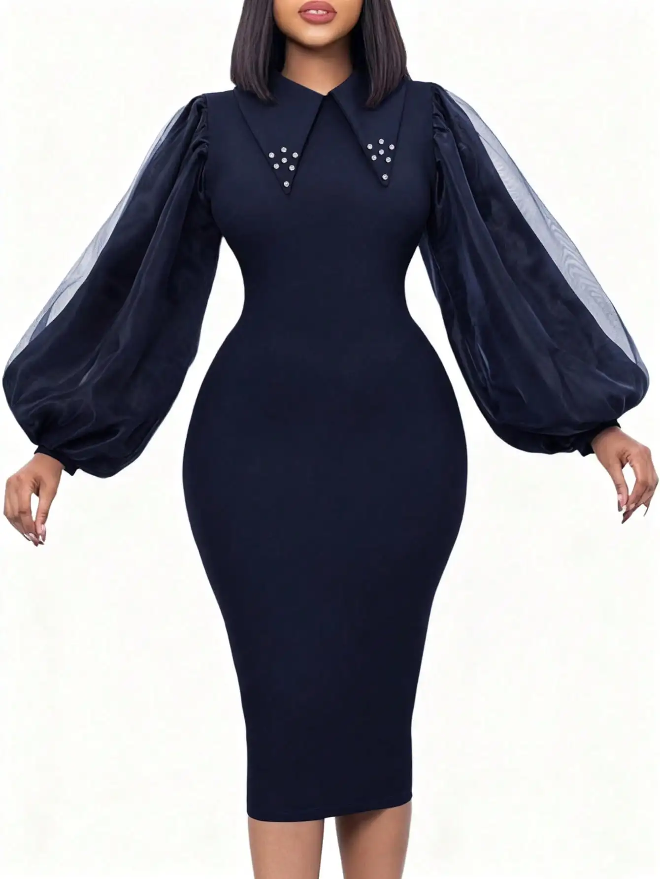 

Navy Blue Midi Dress with Puffed Mesh Sleeves, Rhinestone-Embellished Collar, Fitted Silhouette