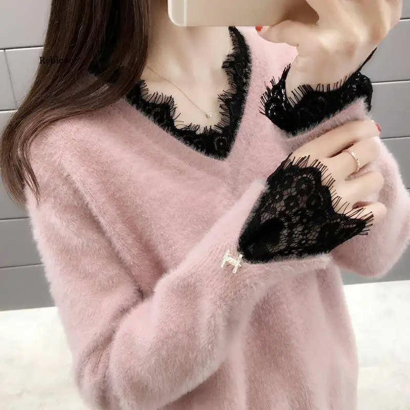 

Womens Sweater Fashion V-neck Lace Sweater New Spring Fall Imitation Mink Velvet Pullovers Loose Knitting Jumper Femme Tops