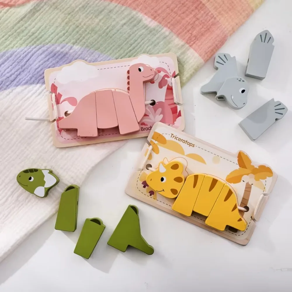 

Dinosaur Wooden Block Toys Montessori Educational Dinosaur Threading Toy Lacing Toys Colorful Fine Motor Skill Toys