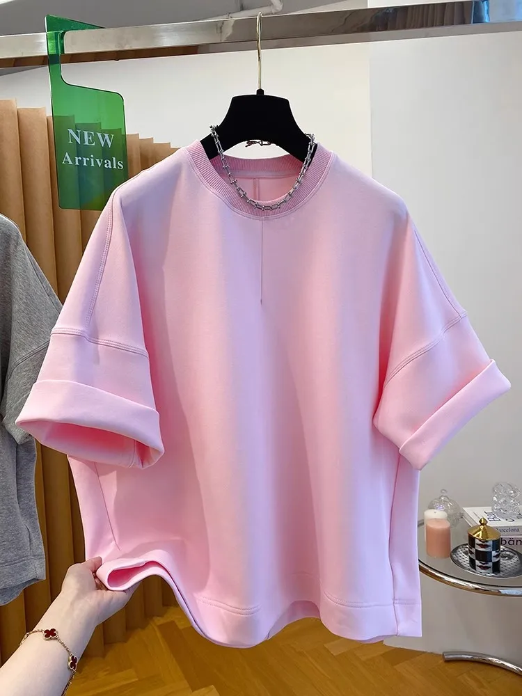 Camiseta Holgada de Algodón para Mujer, Estilo Informal, Color Rosa Dopamina, Algodón Espacial, Nueva Camiseta de Verano