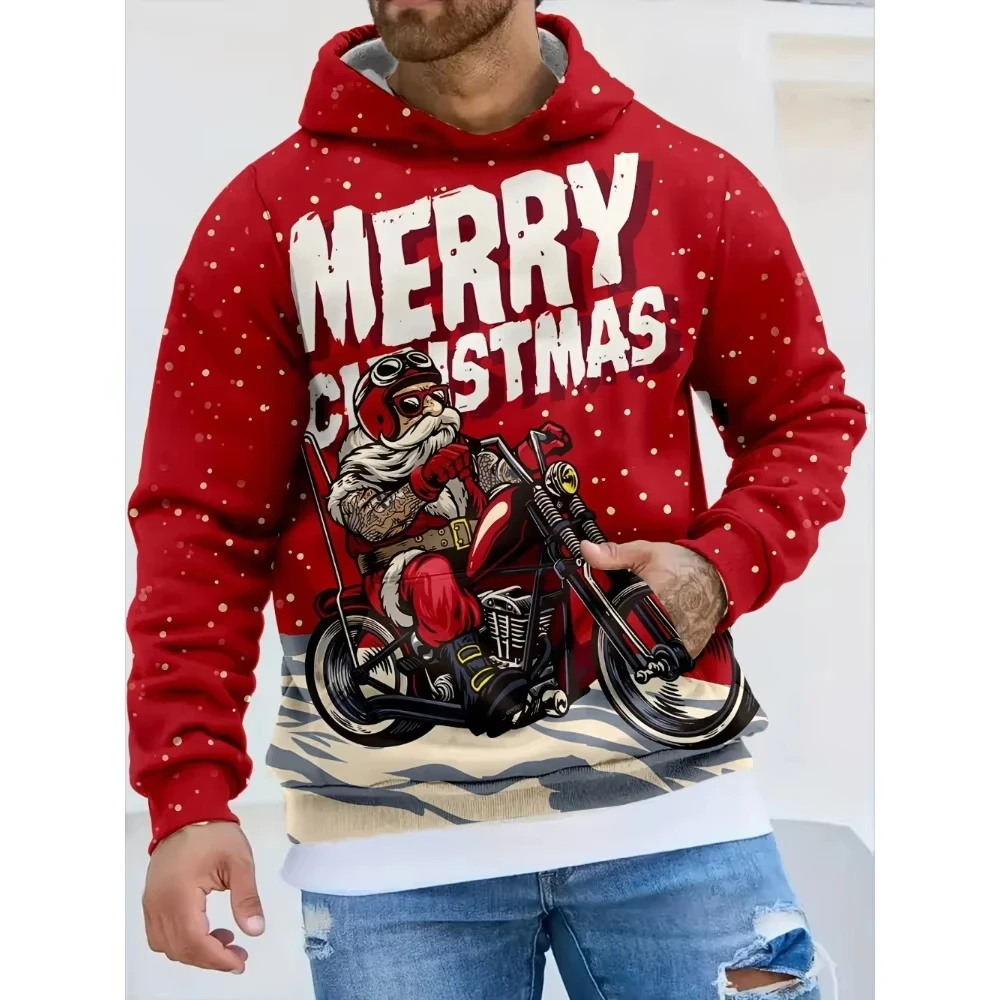 

Autumn And Winter Christmas Men's Hooded New 3D Santa Riding Motorcycle Printed Street Style Man Long-sleeved Sweatshirts Tops
