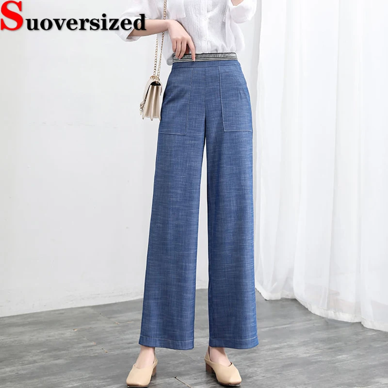 

Imitation Denim Wide Leg Pants Summer High Waist Spodnie Baggy Casual Womens Straight Trousers Thin Ankle-length Pantalones