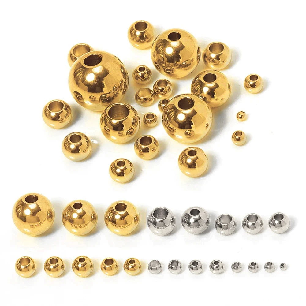 100pcs 3/4/5/6/8/10mm Prata Aço Inoxidável Spacer Contas Loose bola com Big Hole 1.2-5mm para Charme Pulseiras Fazer Jóias