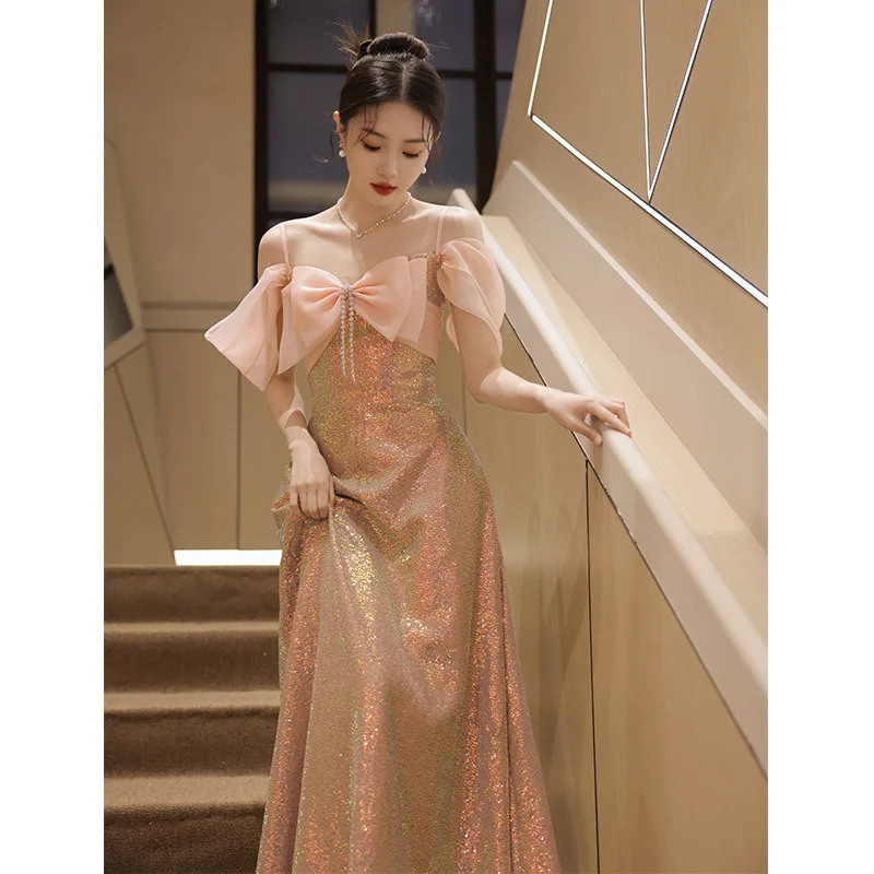 

Розовое вечернее женское элегантное светское элитное роскошное платье в стиле принцессы с блестками для свадебной вечеринки для банкетов и ежегодных встреч