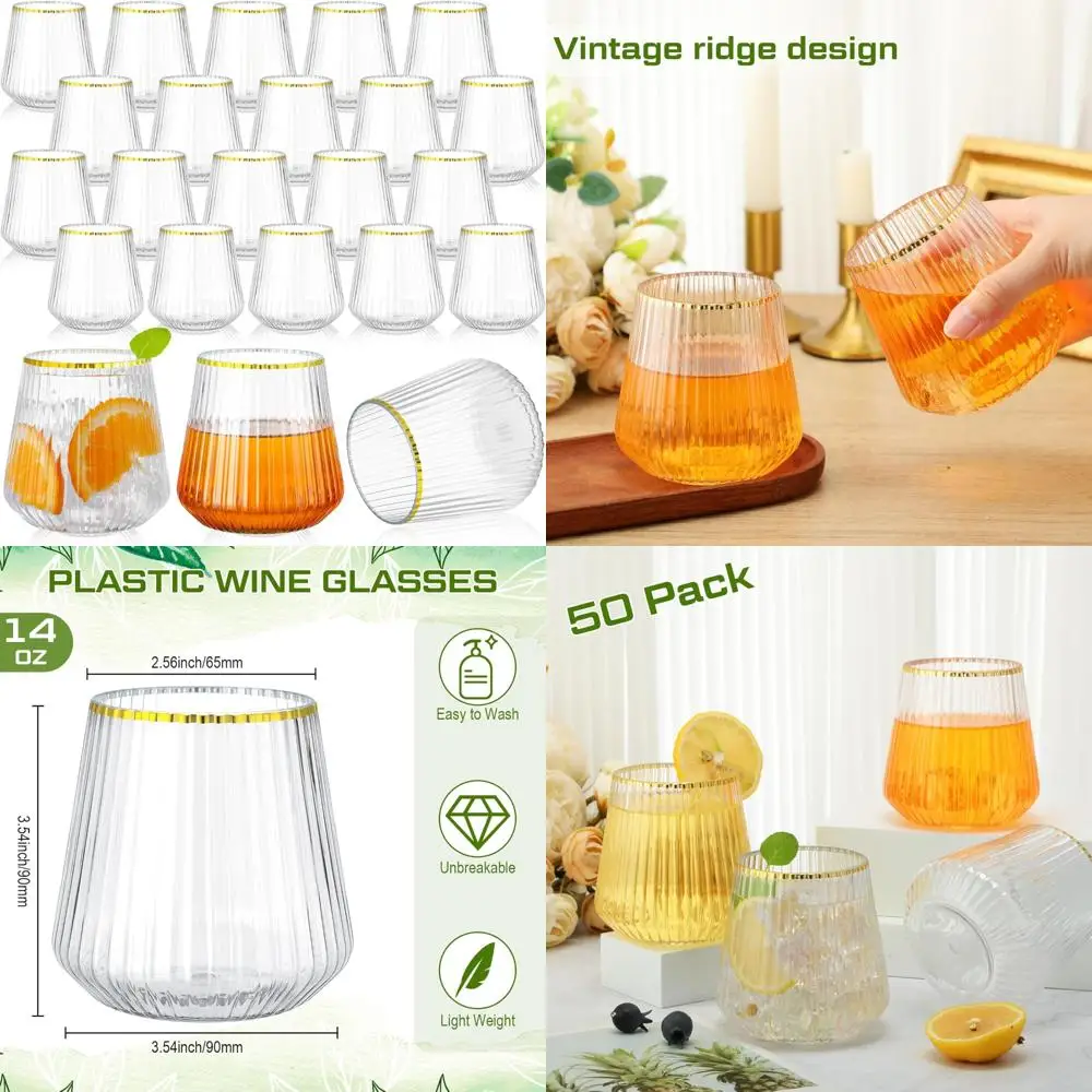 

Ribbed Stemless Plastic Wine Glasses - 14oz Unbreakable Cups for Outdoor and Indoor Use, Elegant Vintage Style