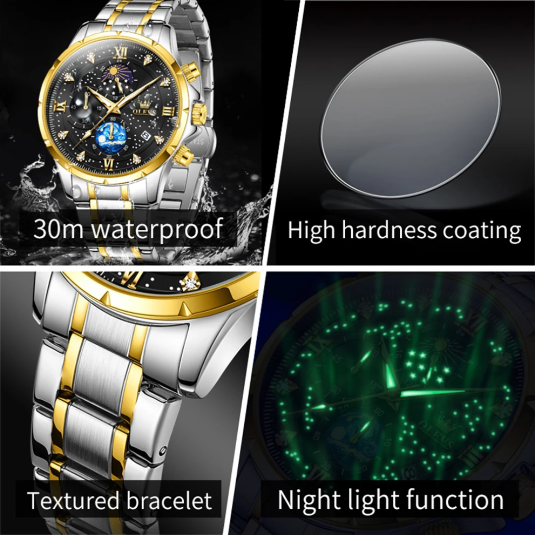 OLEVS 9807 Quartz Fashion Watch Gift Round-dial Stainless Steel Watchband Wristwatch Calendar Luminous Small second image 3