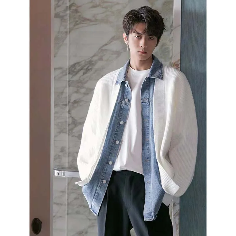 Spring/Summer 2023 Denim Paneled Sweater Men's Autumn And Winter Loose Vacation Two-piece Knitwear Men's Instagram Hong Kong Sty