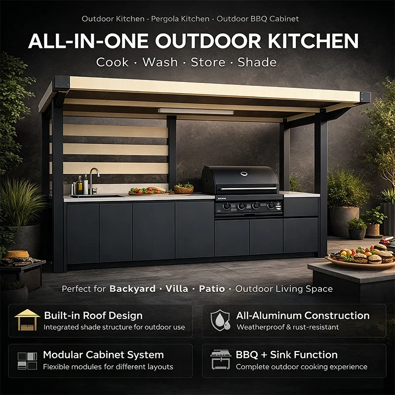 Modular All‑in‑One Outdoor Kitchen Cabinet, Villa Backyard BBQ Grill Station, Foldable Mobile Cooking Workbench Storage Cabinet